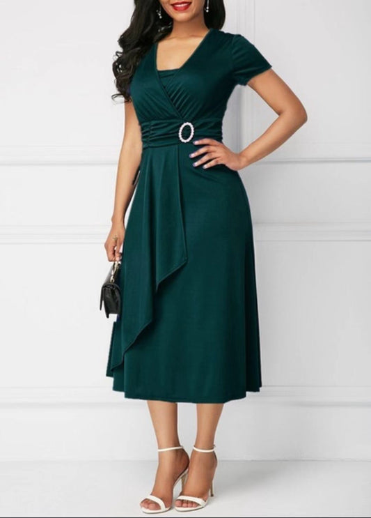 Fashion Elegant Solid Color High Waist Party Dress Women's Clothing Commute Short Sleeve Asymmetrical Patchwork Midi Dresses