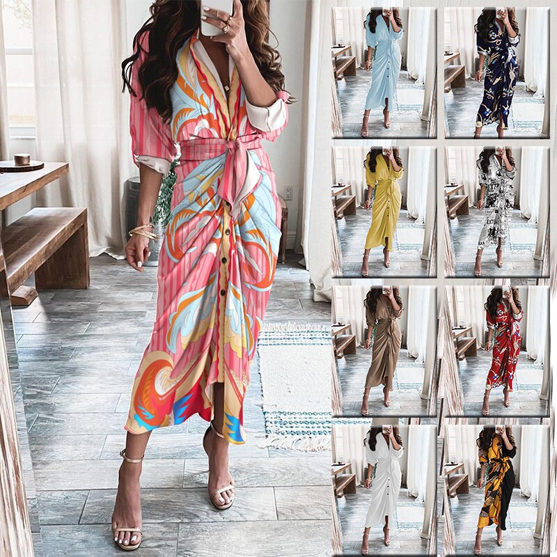 Striped Leopard Print Button Women's Dress Spring 2022 Elegantes Ankle Bandage Dress Half Sleeve Vintage Dress Shirt Beach Robe
