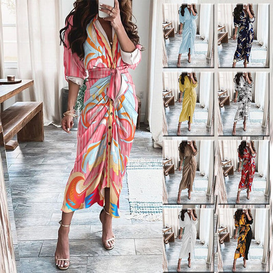 Striped Leopard Print Button Women's Dress Spring 2022 Elegantes Ankle Bandage Dress Half Sleeve Vintage Dress Shirt Beach Robe