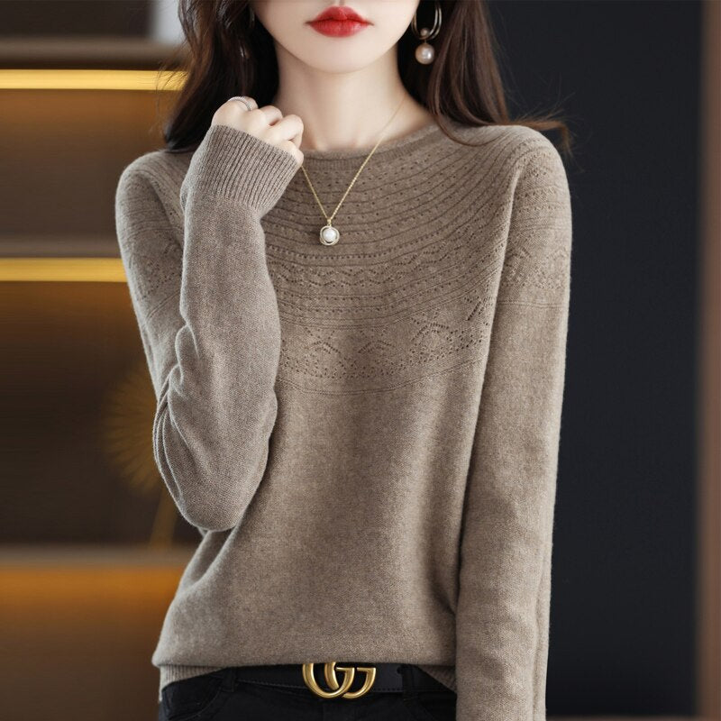 100 Wool Classic Round Neck Cutout Sweater Fashion Cutout Loose Long Sleeve Undercoat New Design Taste Popular Sweater Girl