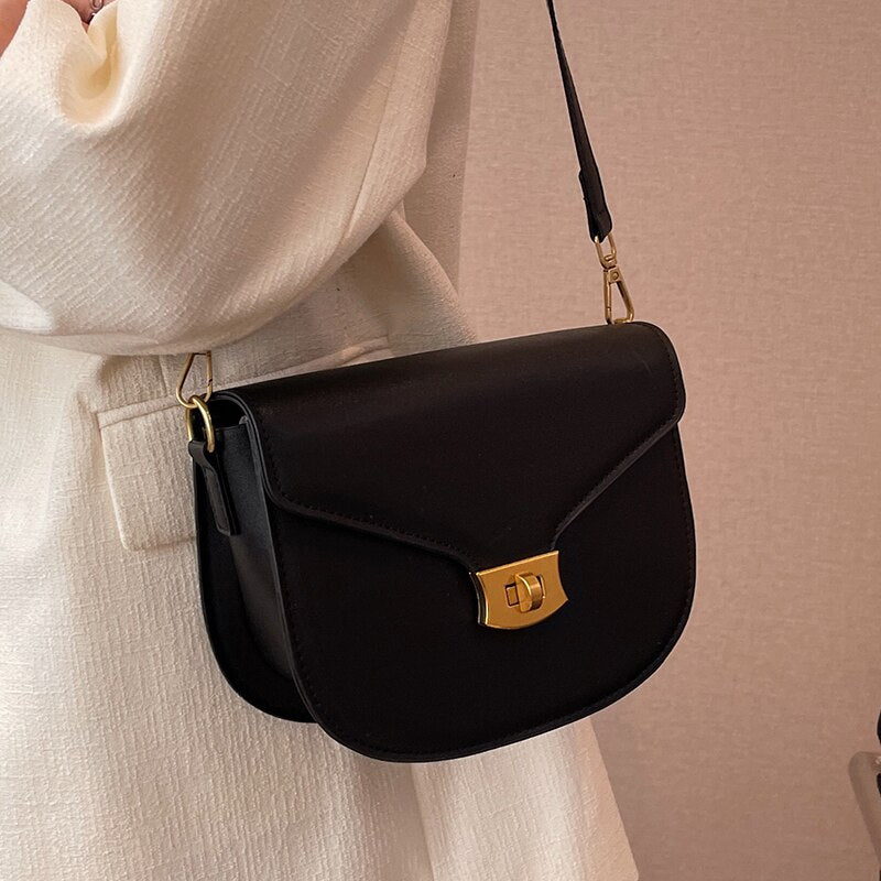 Simple Casual Small Flap Women's Top Handle Bag Quality Solid Color Pu Leather Shoulder Bag Elegant Metal Lock All Match Handbag