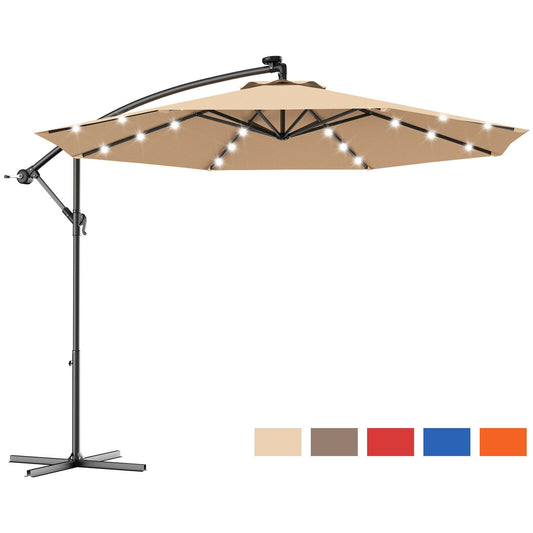 Costway 10' Hanging Solar LED Umbrella Patio Sun Shade Offset Market W/Base OP70754