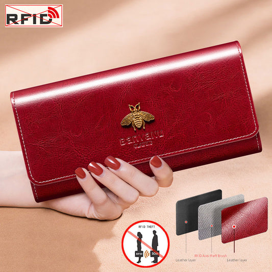 Luxury Design Woman Genuine Leather Wallet RFID Blocking Multi Function Card Holder Organizer Large Capacity Ladies Clutch P