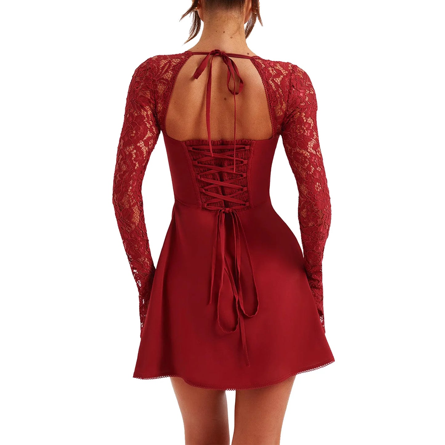 Sexy Women Lace Crochet Stain Club Party Dress Fashion Hollow Out Long Sleeve Elegant Dresses Casual Slim Fit Luxury Mini Outfit