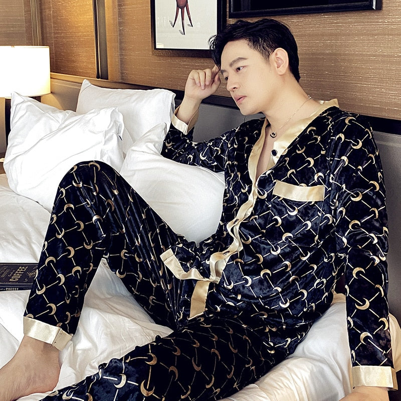 QSROCIO High Quality Women's Pajamas Set Velvet Sleepwear Moon Print Casual Homewear Men Nightwear Luxury Couple Pyjamas Femme