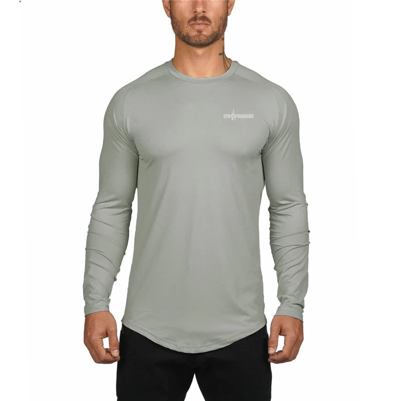 Mens Brand Gym Clothing Mesh Running Long Sleeve T-Shirt Tight Tops Tees Homme Solid Quick Dry Bodybuilding Fitness Tshirt