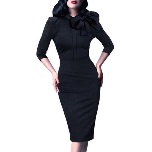 Nice-forever Spring Women Vintage Polka Dots with Bow Dresses Office Business Bodycon Sheath Dress B244