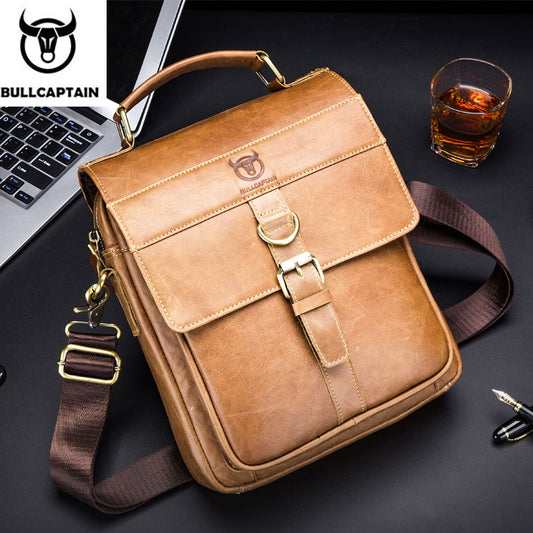 BULLCAPTAIN Men's Leather Shoulder Bag, Retro Business Crossbody Bag, Large Capacity Fashion Casual Youth Student Handbag