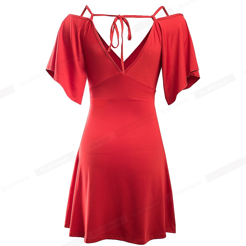 Nice-forever Summer Women Sexy Backless Solid Color Shortest Dresses Club Party A-Line Dress bty106