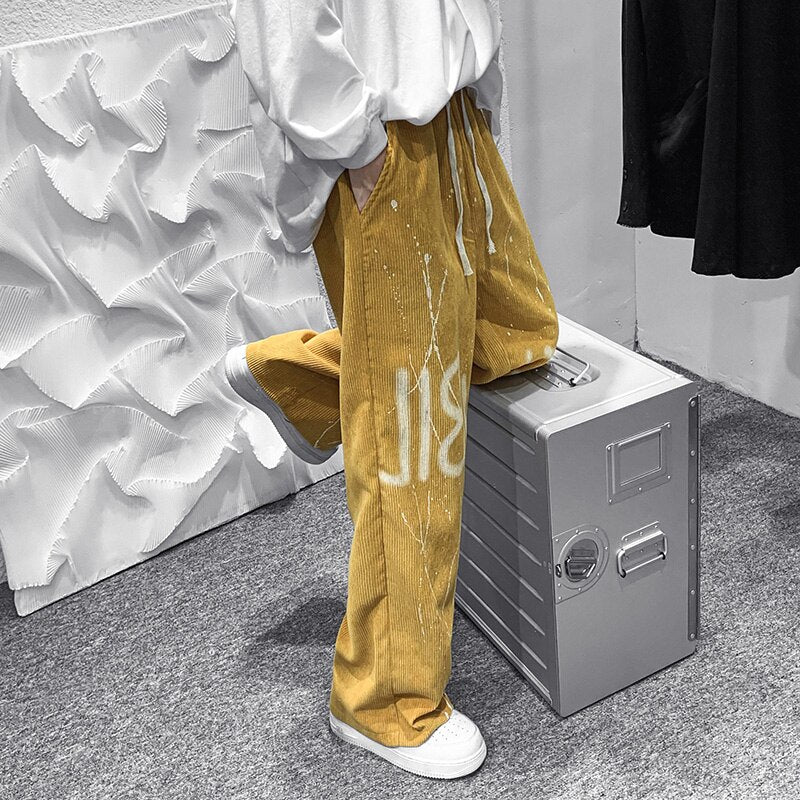 Graffiti Corduroy Pants Mens Autumn Winter New Casual Trousers Male Drawstring Sweatpants Streetwear Fashion Hip Hop Pants