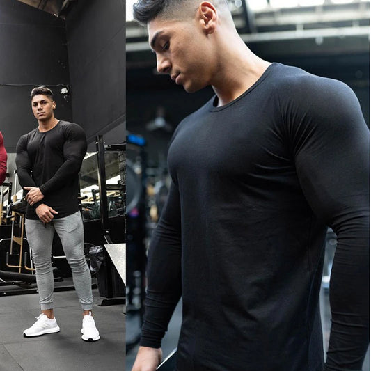 Spring Solid Fitness Long Sleeve T Shirt Men Autumn Cotton Slim Fit Sports T-Shirt Man O-neck Tee Shirt Gym Bodybuilding Tshirt