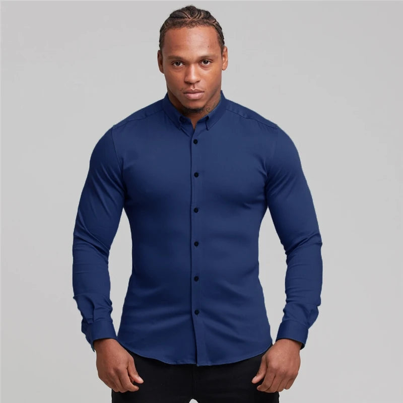 Spring Autumn Fashion Long Sleeve Shirt Men Solid Casual Super Slim Fit Social Business Dress Shirt Mens Gym Sports Clothing