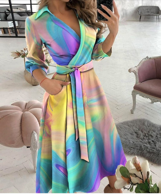 Office Lady Large Size Bridesmaid Dress 2021 Vestido Feminino Long Sleeve Autumn Lapel V-neck Print Solid Womens Formal Dresses