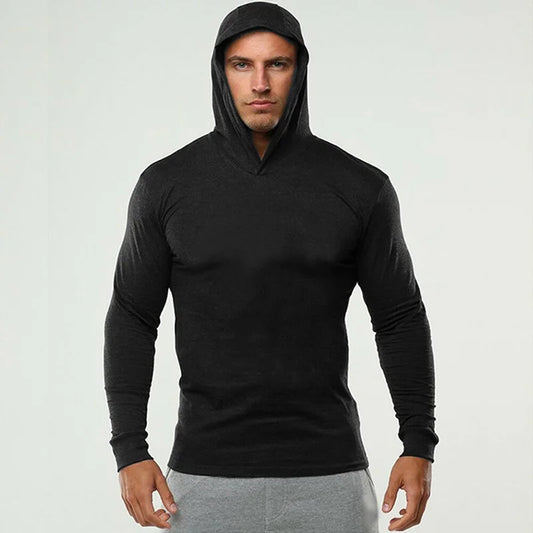 Brand Gym Clothing Solid Color Long Sleeve Slim Hooded T Shirt Men Cotton Tee Shirt Bodybuilding and Fitness Sportwear TShirt