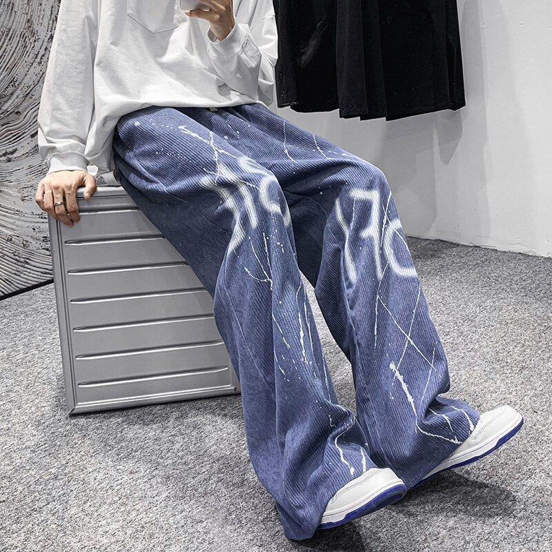 Graffiti Corduroy Pants Mens Autumn Winter New Casual Trousers Male Drawstring Sweatpants Streetwear Fashion Hip Hop Pants