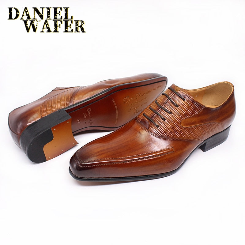 Men's Oxfords Genuine Leather Shoes Handmade Prints Lace Up Pointed Toe Brown Black Men Dress Shoes Wedding Office Formal Shoes