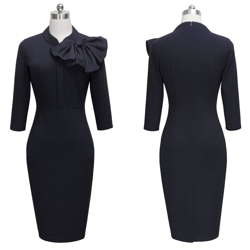 Nice-forever Spring Women Vintage Polka Dots with Bow Dresses Office Business Bodycon Sheath Dress B244