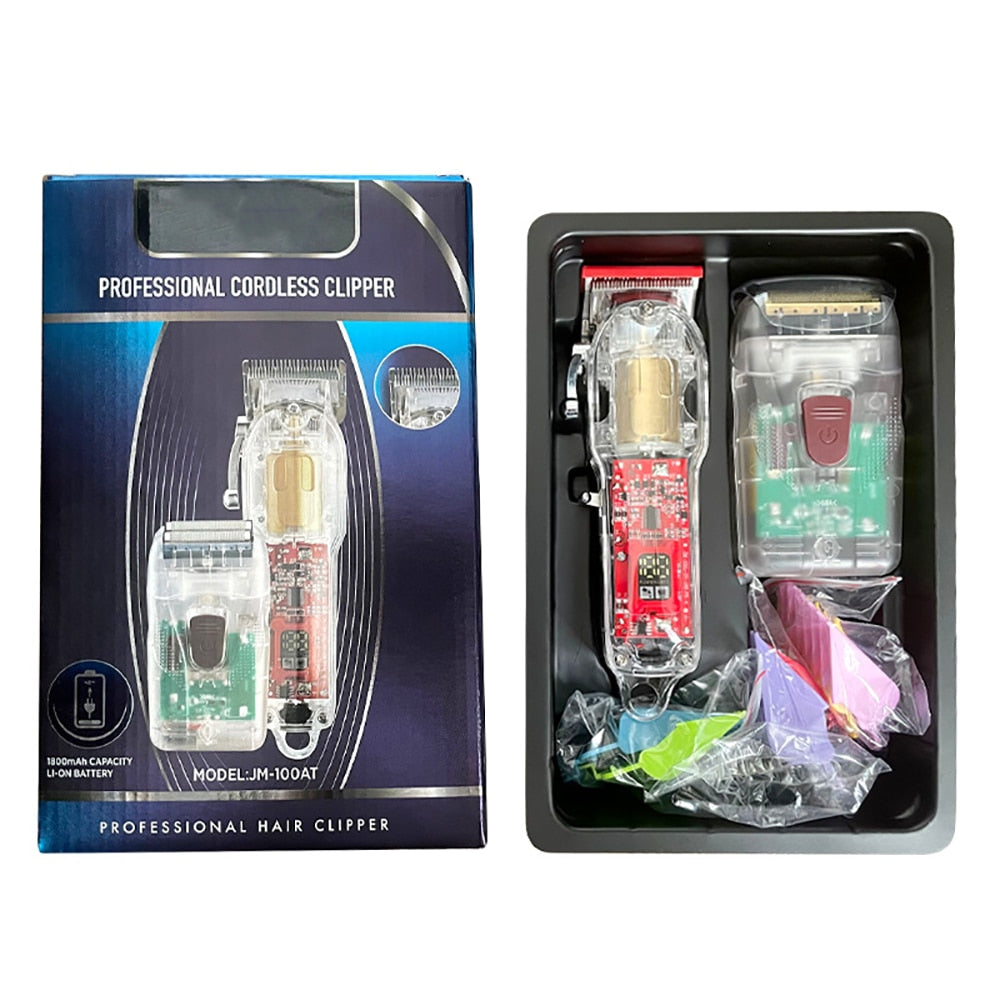 Professional Transparent Cover Hair Clippers New Model Rechargeable  Cutting Machine Oil Head Trimmer 2 Set 1800mAh 3 Hours