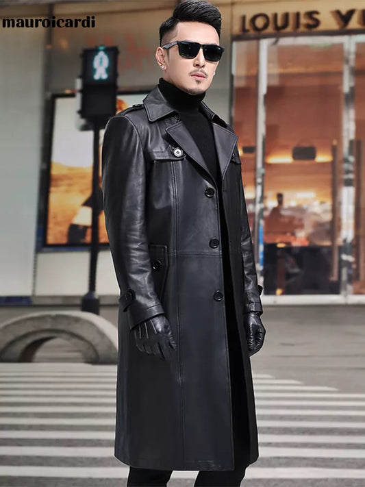 Mauroicardi Spring Long Smart Black Waterproof Leather Trench Coat Men ...