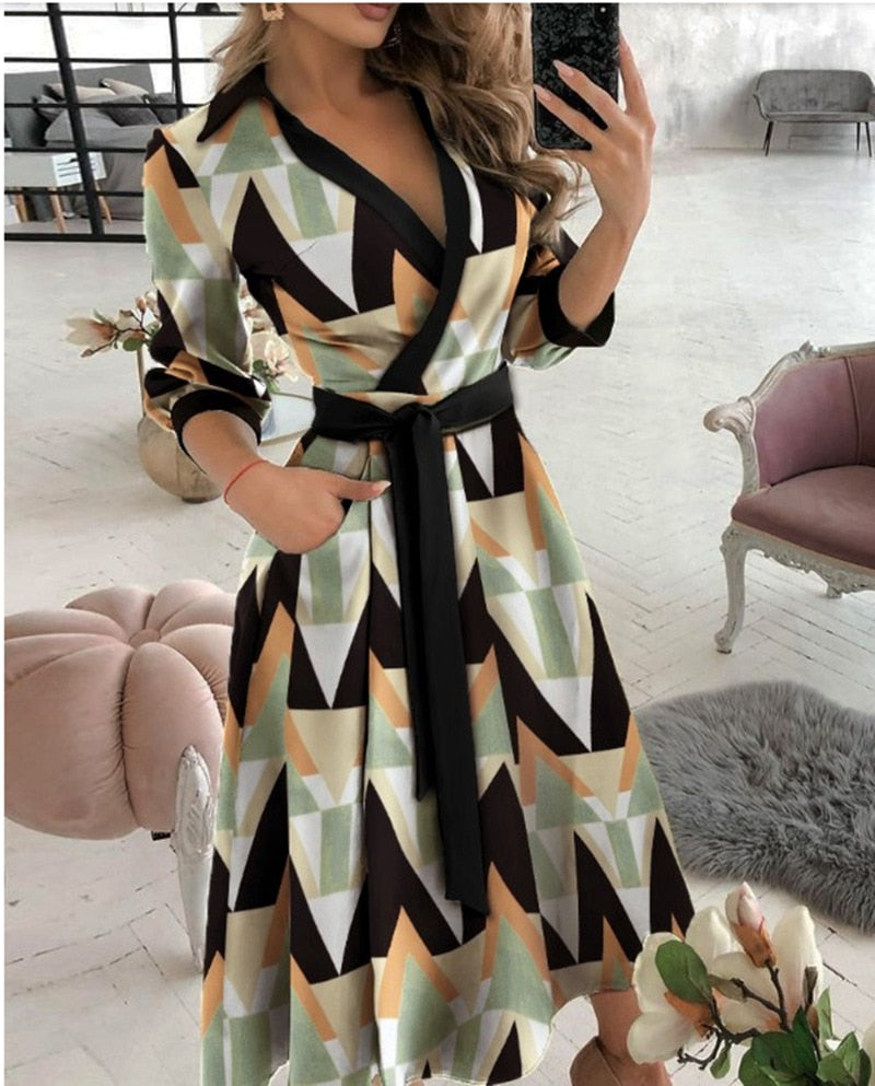 Office Lady Large Size Bridesmaid Dress 2021 Vestido Feminino Long Sleeve Autumn Lapel V-neck Print Solid Womens Formal Dresses