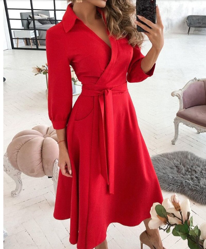 Office Lady Large Size Bridesmaid Dress 2021 Vestido Feminino Long Sleeve Autumn Lapel V-neck Print Solid Womens Formal Dresses