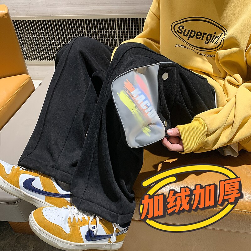 LINHUA Men&#39;s Fashion Fleece Wide Leg Pants Streetwear Hip-hop Casual Sweatpants Print Pocket Cargo Pants Men Drawstring Trousers