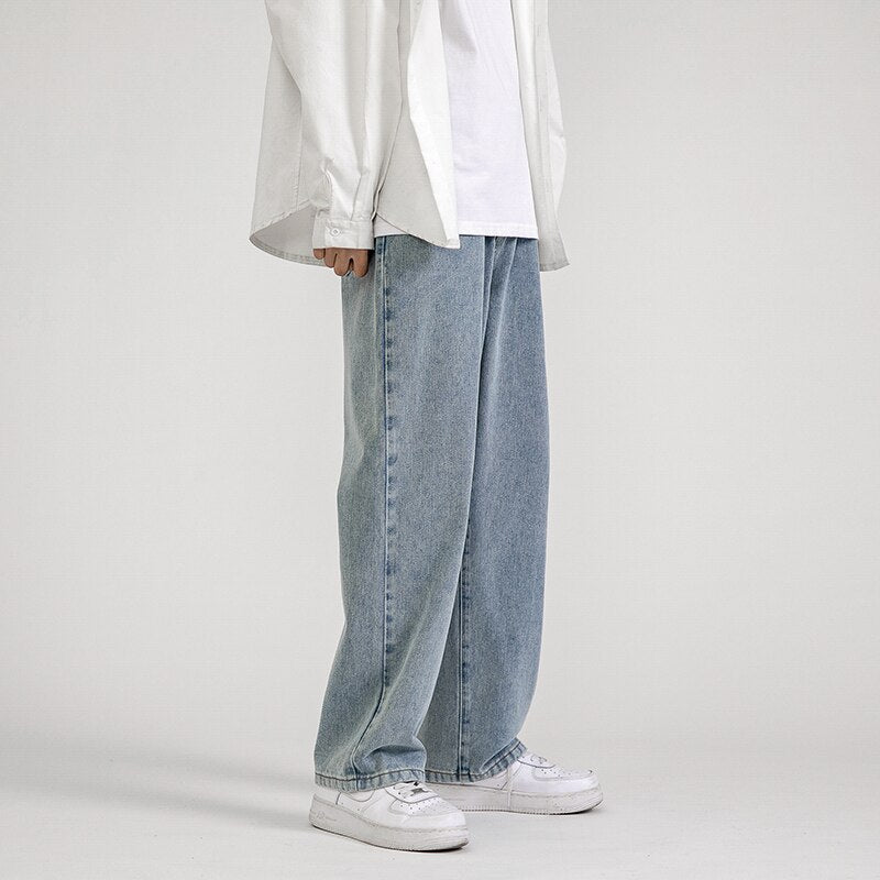 Korean Fashion Men Wide Leg Jeans 2022 spring New Streetwear Straight Baggy Denim Pants Male Brand Trousers