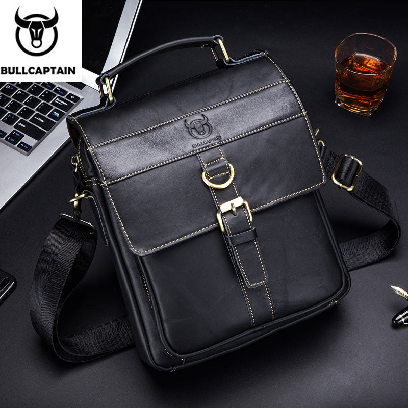 BULLCAPTAIN Men's Leather Shoulder Bag, Retro Business Crossbody Bag, Large Capacity Fashion Casual Youth Student Handbag