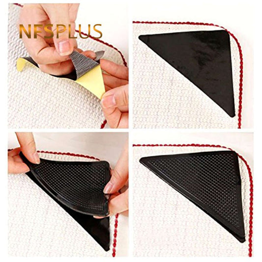 4PCS/SET Home Floor Rug Carpet Mat Grippers Self-Adhesive Anti-Slip Triangle Washable Reusable Black Silicone Sticky Pads Grips