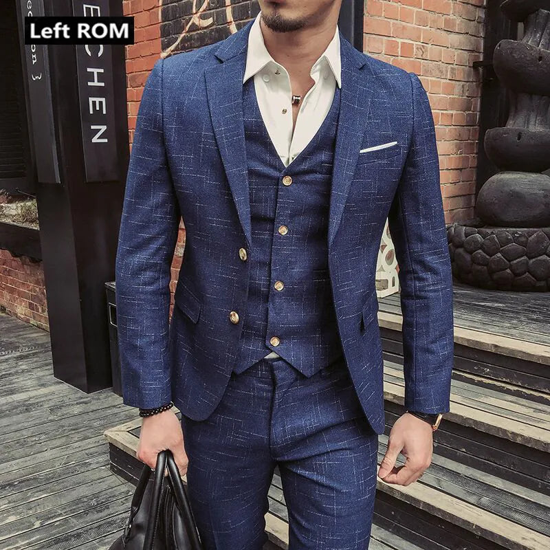 ( Jacket + Vest + Pants ) Fashion Boutique Mens Plaid Formal Business Suit 3 Piece Set Men's High-end Casual Suits Wedding Dress