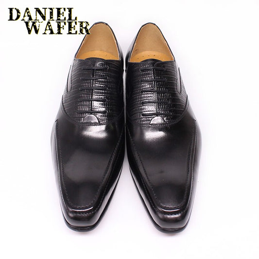 Men's Oxfords Genuine Leather Shoes Handmade Prints Lace Up Pointed Toe Brown Black Men Dress Shoes Wedding Office Formal Shoes