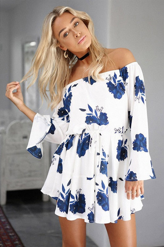 One-shoulder Off-the-shoulder Sexy Backless Streetwear Summer Women Short Dress Flower Print Large Hem Ladies Short Prom Dresses