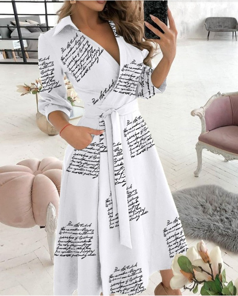 Office Lady Large Size Bridesmaid Dress 2021 Vestido Feminino Long Sleeve Autumn Lapel V-neck Print Solid Womens Formal Dresses