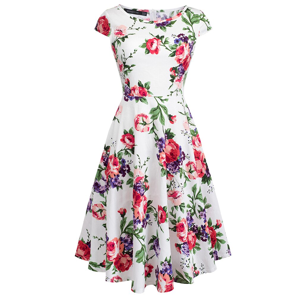 Nice-forever Retro 1950's Floral and Gird Printed O Neck vestidos  A-Line Female Flare Party Women Summer Dress btyA009
