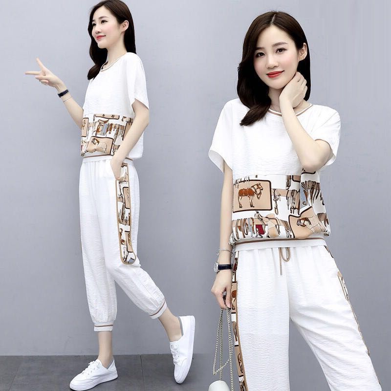 Fashion Summer Women Sets Casual Female Sportswear Suit Printed Short Sleeve Tshirts+ Pants Two-piece Set Large Size