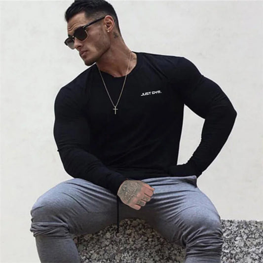 Muscleguys Bodybuilding long sleeve T-shirt men brand clothing casual Letters print T shirt male tops stretch o neck Tshirt
