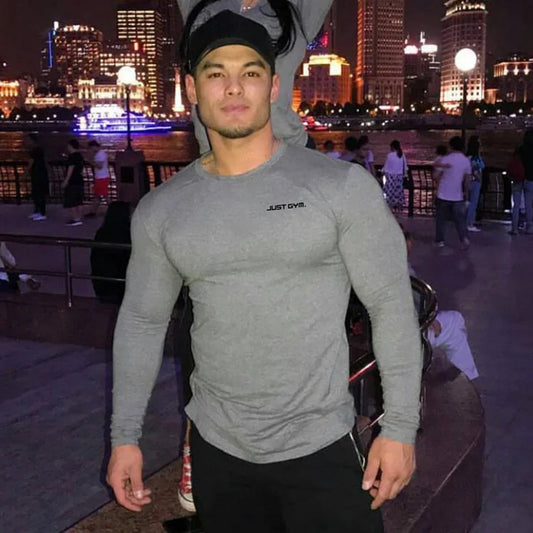 Muscleguys Bodybuilding long sleeve T-shirt men brand clothing casual Letters print T shirt male tops stretch o neck Tshirt