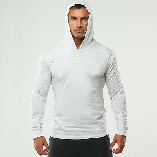 Brand Gym Clothing Solid Color Long Sleeve Slim Hooded T Shirt Men Cotton Tee Shirt Bodybuilding and Fitness Sportwear TShirt