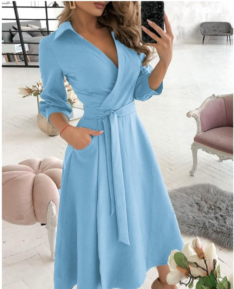 Office Lady Large Size Bridesmaid Dress 2021 Vestido Feminino Long Sleeve Autumn Lapel V-neck Print Solid Womens Formal Dresses