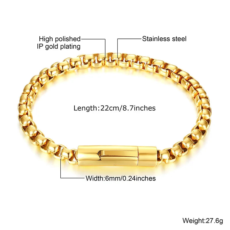 Men Bracelet,Round Box Chain Bracelet,Stainless Steel Rounded Boxs Link Simple Layering Stacking Jewelry,