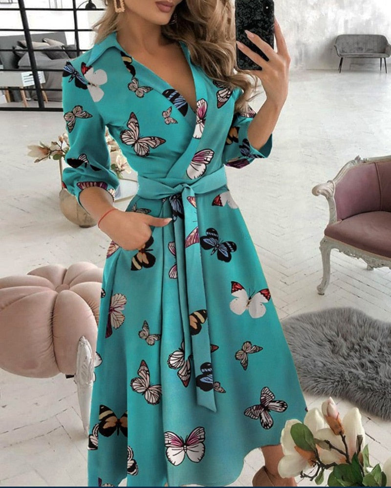 Office Lady Large Size Bridesmaid Dress 2021 Vestido Feminino Long Sleeve Autumn Lapel V-neck Print Solid Womens Formal Dresses
