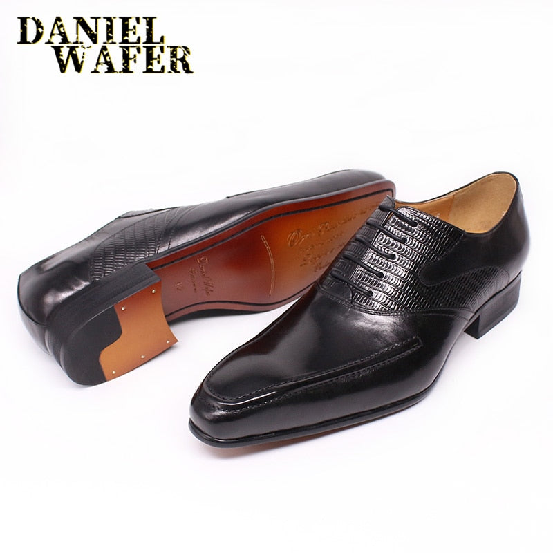 Men's Oxfords Genuine Leather Shoes Handmade Prints Lace Up Pointed Toe Brown Black Men Dress Shoes Wedding Office Formal Shoes