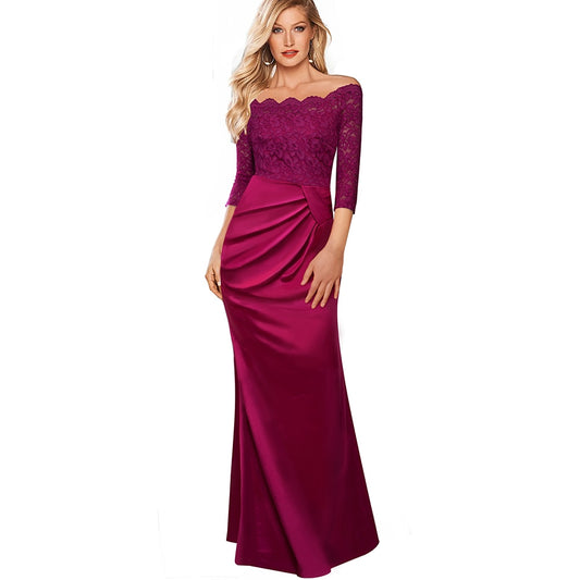 Nice-forever Elegant Embroidery Floral Lace with  Side-Draped Gown Party Celebrity Vintage Lone Maxi Women Dress BTYA029
