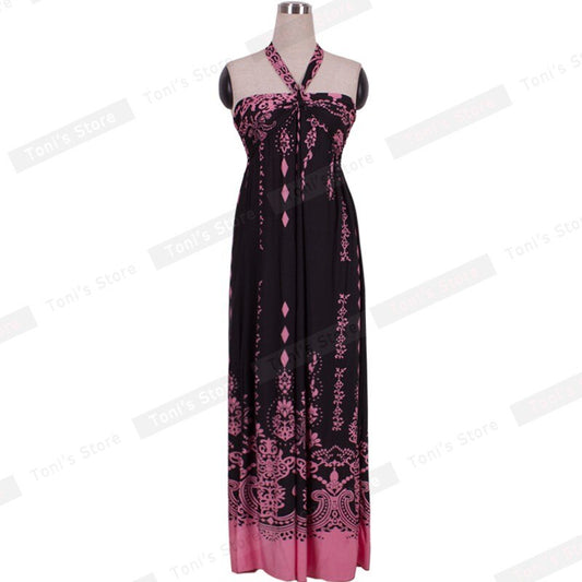 Nice-forever Summer Women Bohemian Beach Printed Dresses Casual Maxi Long Dress bty55a