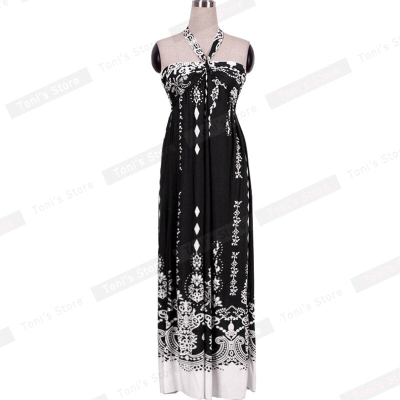 Nice-forever Summer Women Bohemian Beach Printed Dresses Casual Maxi Long Dress bty55a
