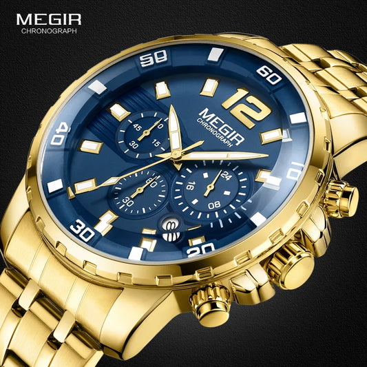 Megir Men's Gold Stainless Steel Quartz Watches Business Chronograph Analgue Wristwatch for Man Waterproof Luminous 2068GGD-2N3