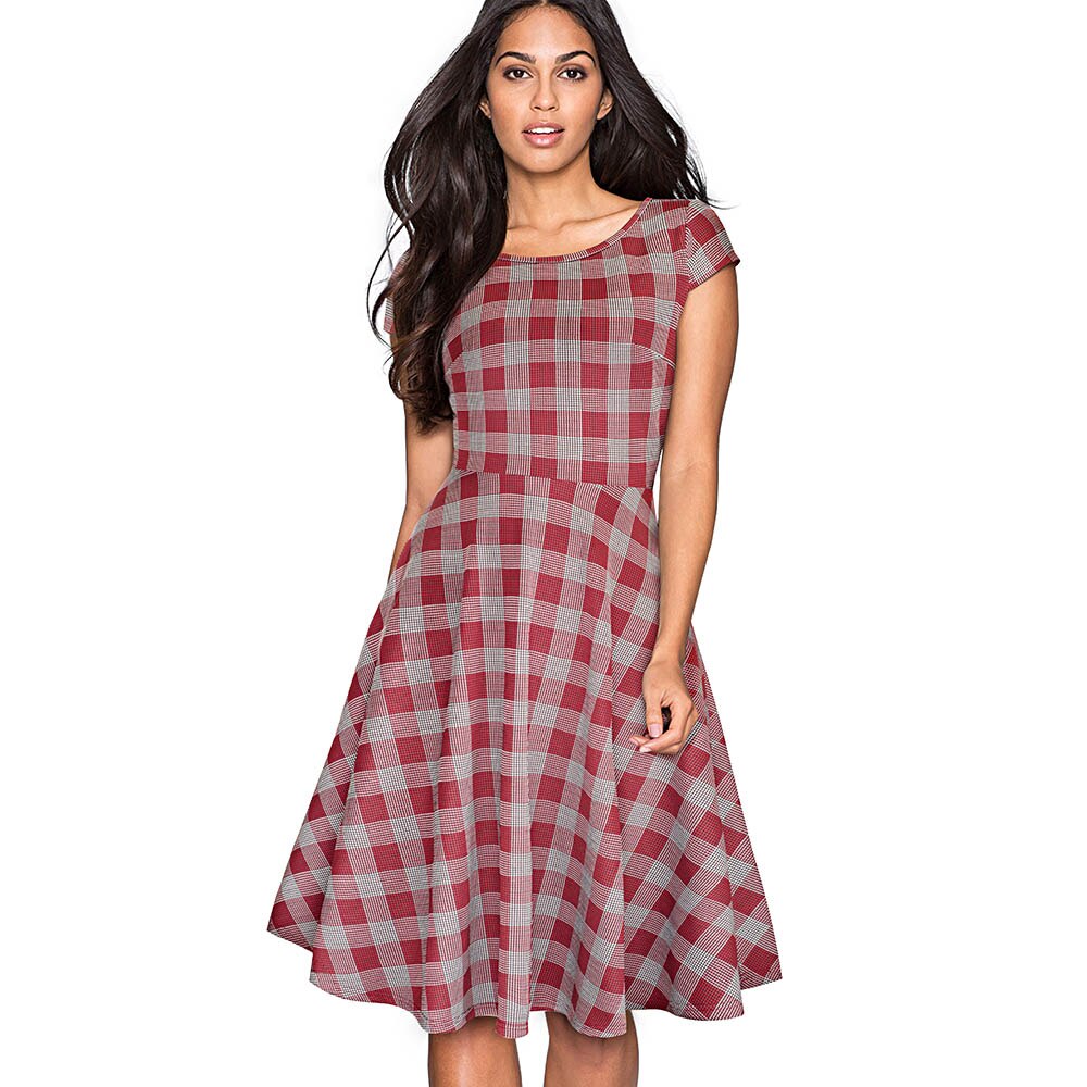Nice-forever Retro 1950's Floral and Gird Printed O Neck vestidos  A-Line Female Flare Party Women Summer Dress btyA009