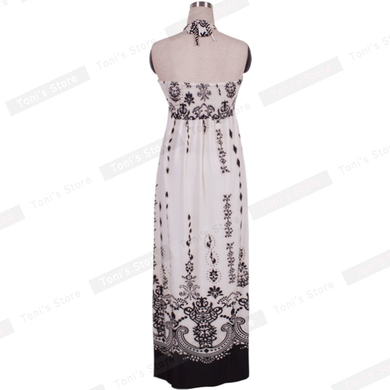 Nice-forever Summer Women Bohemian Beach Printed Dresses Casual Maxi Long Dress bty55a