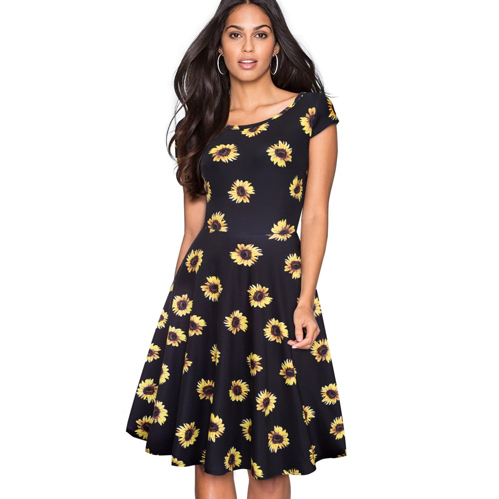 Nice-forever Retro 1950's Floral and Gird Printed O Neck vestidos  A-Line Female Flare Party Women Summer Dress btyA009