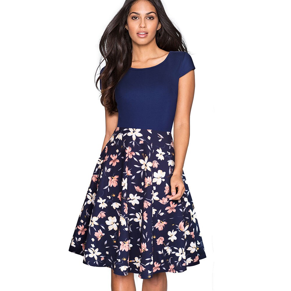 Nice-forever Retro 1950's Floral and Gird Printed O Neck vestidos  A-Line Female Flare Party Women Summer Dress btyA009